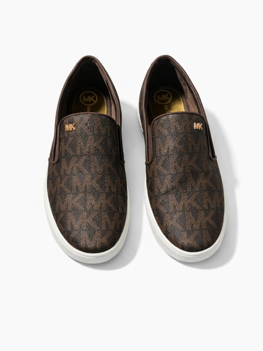 Michael Kors MK Monogram Brown Slip‑On Sneakers | Coated Canvas Shoes | Size 8